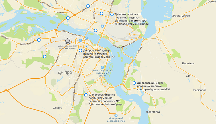 Візіком,  maps API, вакцинація, карта, центри, Дніпро