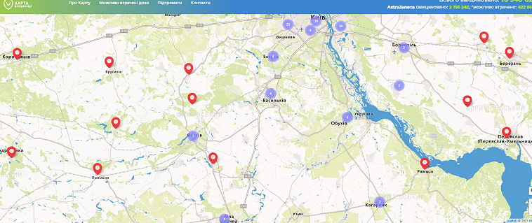 Візіком,  maps API, Київська область, вакцинація, центри, пункти, адреси,